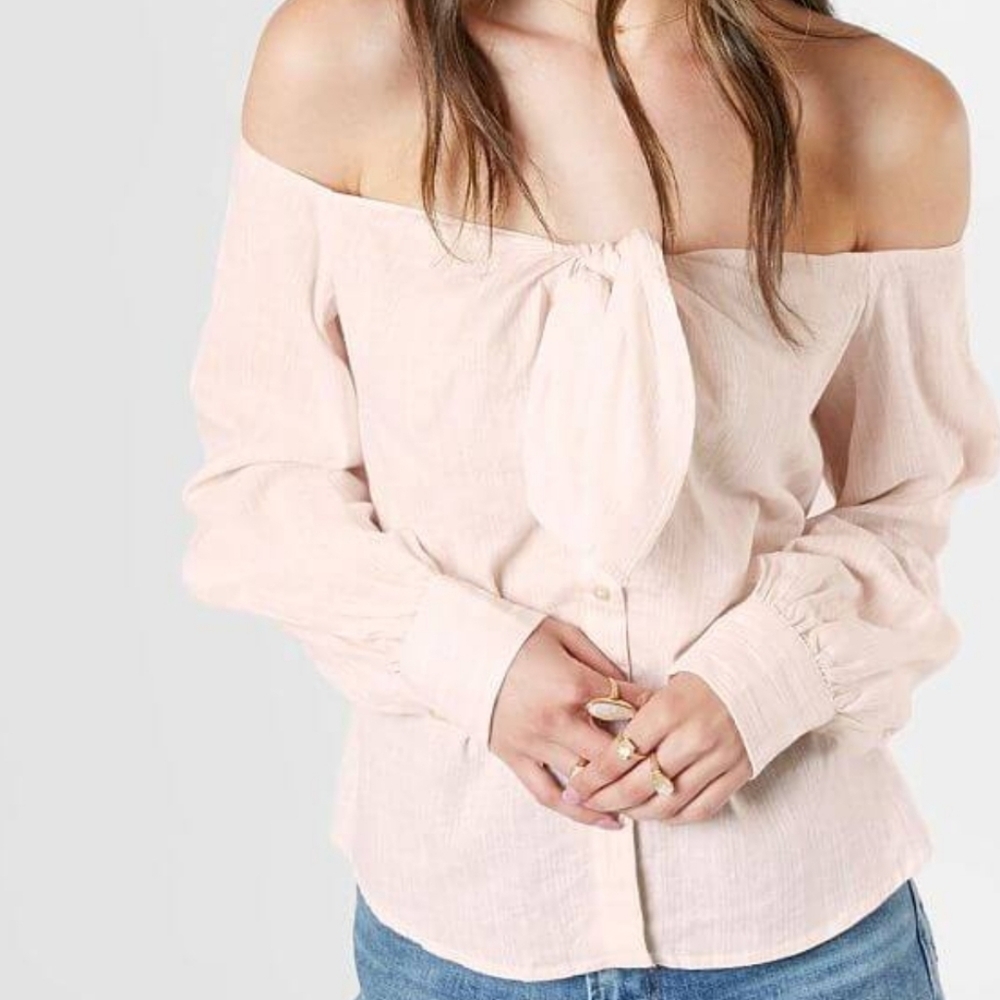 Free People Hello There Beautiful Blush Striped Tie Front Off‎ the ShoulderTop